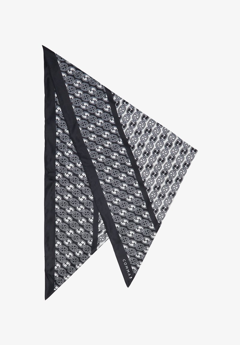 Black and white silk scarf, triangular shape, featuring a repeating pattern, bordered with solid black fabric, and branded with "COMMA."