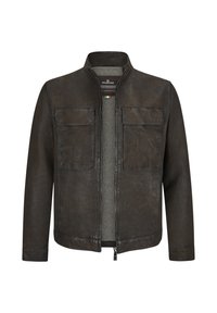 Braune Lederjacke mit Stehkragen, vier Vorder pockets, subtiler Textur, Frontreißverschluss und kontrastierender Innenauskleidung.