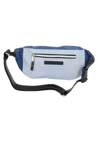 Borsa a tracolla in nylon blu navy e azzurro chiaro con una tracolla nera, che presenta una tasca frontale con zip, una finitura strutturata e un'etichetta con logo.