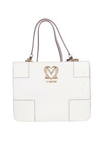 Borsa in pelle bianca con logo e dettagli in tono oro. Presenta un design strutturato, doppi manici e cuciture a contrasto.