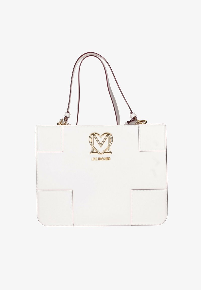 Borsa in pelle bianca con logo e dettagli in tono oro. Presenta un design strutturato, doppi manici e cuciture a contrasto.