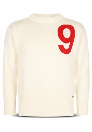 Witte gebreide trui met een rood nummer 9 op de voorkant, geribbelde halslijn, boorden en zoom, die een klassieke sportieve stijl biedt.