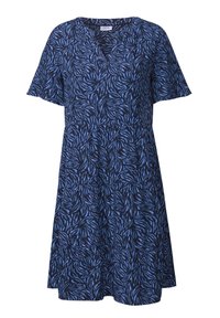 Marinblå klänning med blått lövmönster, korta ärmar, V-neck och utsvängd nederkant. Tillverkad av lätt, strukturerad tyg.