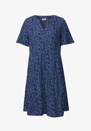 Abito blu navy con motivo a foglie blu, maniche corte, scollatura a V e orlo svasato. Realizzato in tessuto leggero e testurizzato.