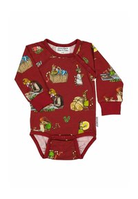 Punainen pitkähihaisen bodyn, jossa on leikkisiä eläin- ja henkilöhahmokuvituksia, nepparikiinnitys ja pehmeä puuvillasekoitetekstuuri.