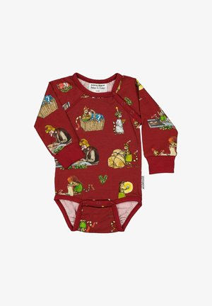 Punainen pitkähihaisen bodyn, jossa on leikkisiä eläin- ja henkilöhahmokuvituksia, nepparikiinnitys ja pehmeä puuvillasekoitetekstuuri.