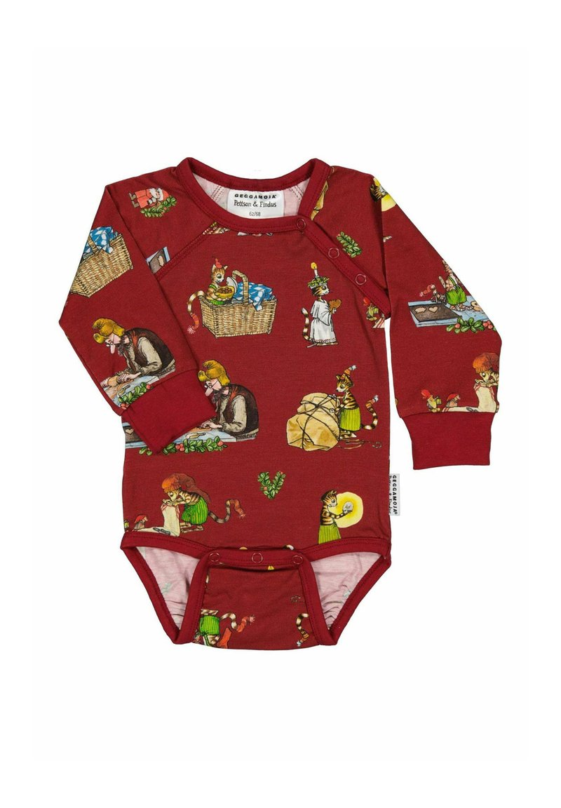 Punainen pitkähihaisen bodyn, jossa on leikkisiä eläin- ja henkilöhahmokuvituksia, nepparikiinnitys ja pehmeä puuvillasekoitetekstuuri.