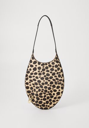 Leopard-print handbag featuring a smooth texture, oval shape, black accents, and a gold hardware ring for an adjustable strap.