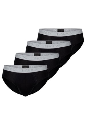 Quattro slip da uomo neri con ampie fasce elastiche in vita di colore grigio chiaro, con il nome del marchio "Hanro" in lettere sottili.