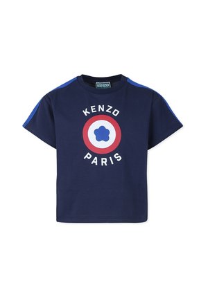 Granatowy t-shirt z krótkim rękawem z niebieskimi paskami na ramionach i białym napisem "Kenzo Paris" wokół czerwono-biało-niebieskiego okrągłego logo.
