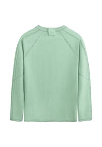 Felpa a maniche lunghe color verde menta con scollo a girocollo, maniche raglan e dettagli di cucitura sottili. Texture morbida, vestibilità comoda.
