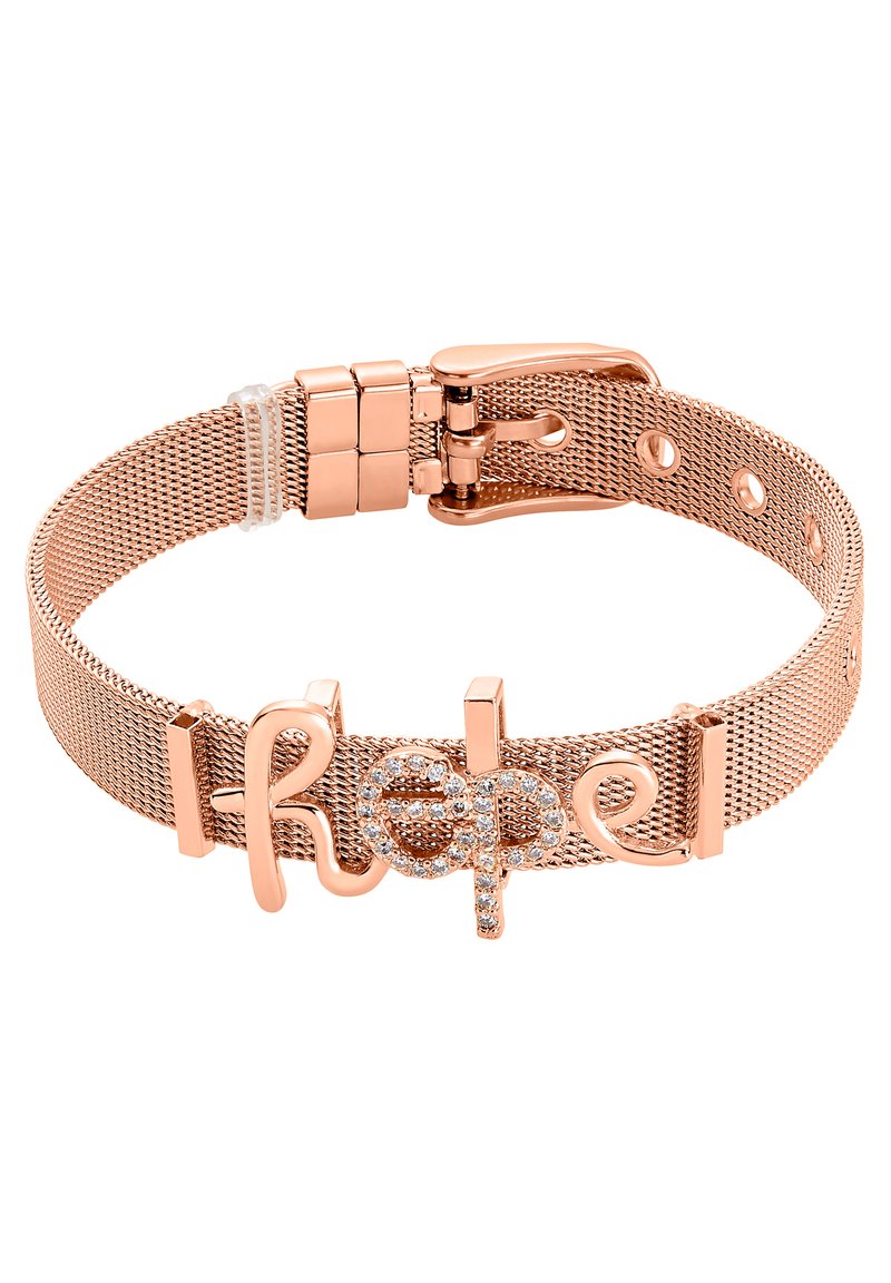 Bracciale in maglia oro rosa con chiusura a molla, che presenta la parola "Hope" abbellita con strass trasparenti. Design della fascia sottile e testurizzato.