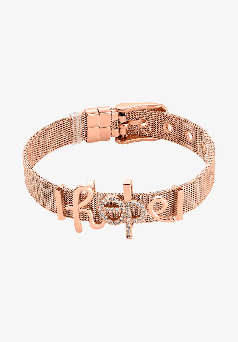 Bracciale in maglia oro rosa con chiusura a molla, che presenta la parola "Hope" abbellita con strass trasparenti. Design della fascia sottile e testurizzato.