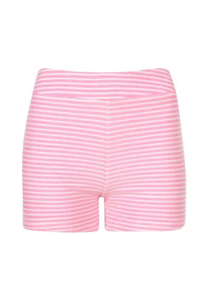 Pantaloni corti a righe rosa e bianche realizzati in tessuto morbido. Presentano un design aderente e una vita liscia senza dettagli o hardware aggiuntivi.