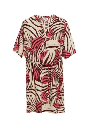 Kurzärmeliges Kleid mit Gürtel, beigen, braunen und pinkfarbenen abstrakten Zebrastripes und V-Ausschnitt.