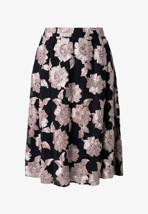 Černá sukně s velkou strukturovanou bledě růžovou květinovou výšivkou a elastickým pasem.