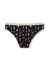 Zwarte bikini-slipjes voor dames met een witte en gouden tailleband, versierd met kerstbomen, rendieren, sneeuwvlokken en de tekst "vrolijk en helder".