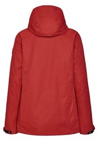 Rote wasserdichte Jacke mit Kapuze, strukturierter Oberfläche und verstellbaren Manschetten. Verfügt über ein minimalistisches Design und atmungsaktives Material.