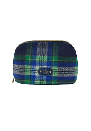 Pochette cosmétique en tartan avec des couleurs vert, bleu et marine, texture douce et zip doré. Présente un badge bleu avec "mila louise PARIS".