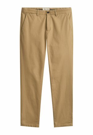 Beige chino's met rechte pijpen, zijzakken, riemlussen, knoopsluiting en ritssluiting, gemaakt van een glad katoenen stof.