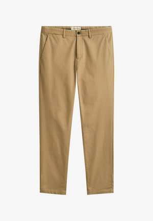 Tan straight-leg chinos with side pockets, belt loops, button closure, and zip fly, made from smooth cotton fabric.