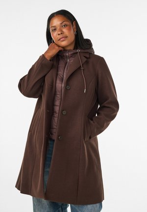 Frau trägt einen braunen Knopfmantel über einem braunen Hoodie und blauen Jeans, mit einer Hand in der Tasche und der anderen, die ihren Hals berührt.