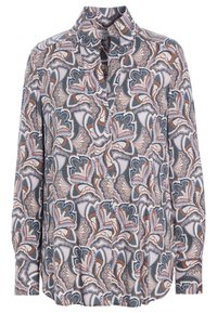 Chemise à manches longues avec boutons, présentant un motif floral multicolore en marron, bleu et crème sur un tissu léger. Col à revers avec une coupe décontractée.