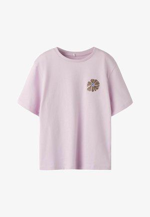Purple cotton t-shirt with short sleeves, featuring a floral pattern in gold and blue embroidery on the left chest area. Lightweight and relaxed fit.