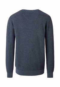 Maglione a maglia blu scuro con un motivo texturizzato, colletto rotondo e maniche lunghe. Rifinito con polsini e orlo a costine. Vista posteriore.