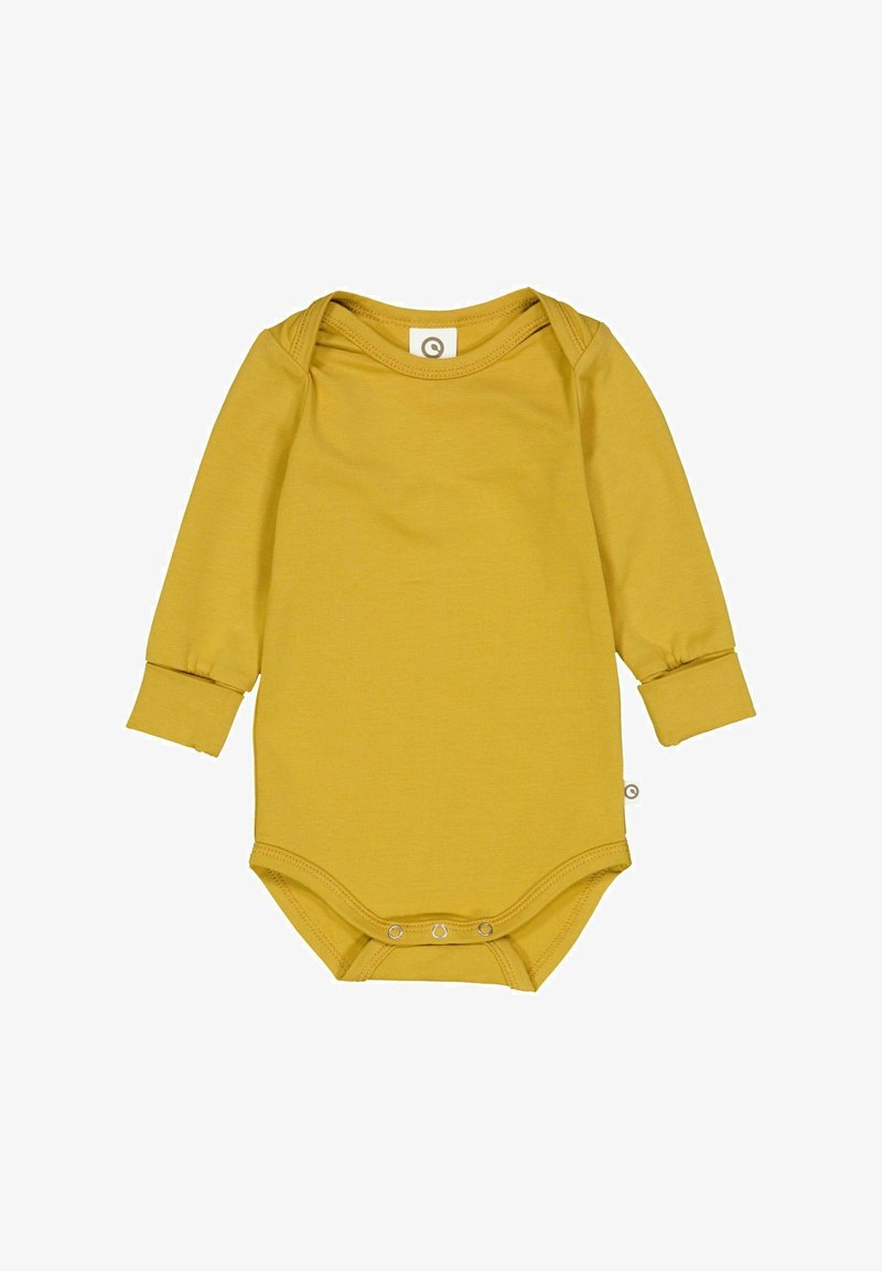Body a maniche lunghe di colore giallo senape realizzato in tessuto morbido, con scollatura a girocollo e chiusure a pressione nella parte inferiore per una facile vestizione.