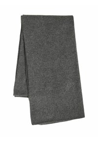 Sciarpa grigia in lana, di forma rettangolare, con una texture liscia, piegata in modo ordinato. Priva di motivi o decorazioni visibili. Adatta per vari outfit.