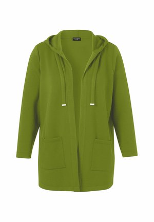 Olivgrüner Hoodie mit langen Ärmeln, offener Vorderseite, zwei Fronttaschen und Kordelzügen an der Kapuze, ungezipptes Design.