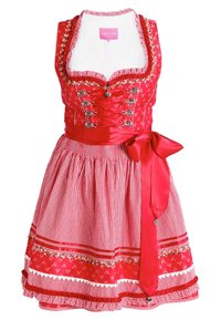 Robe traditionnelle rouge avec un corsage ajusté, des motifs floraux et une jupe à carreaux. Comprend une ceinture en ruban de satin et des accents décoratifs.