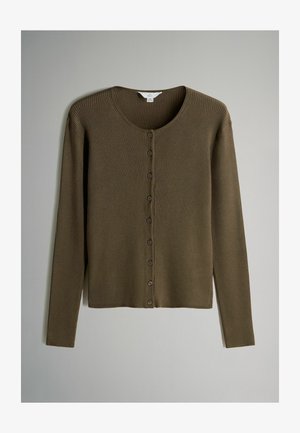 Ribbed, long-sleeve cardigan in dark olive green with a round neckline and seven buttons down the front. Simple textured design.