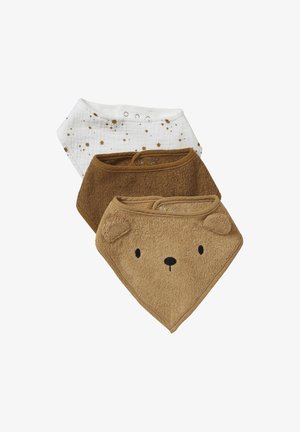 Drei Baby-Lätzchen mit Druckknopfverschluss, eines weiß mit braunen Sternen, eines einfarbig dunkelbraun und eines hellbraun mit einem Bärenkopf und Ohren.