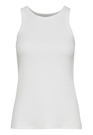 Vit ärmlös tanktop med rund halsringning och figurnära silhuett. Tillverkad av ett mjukt, elastiskt bomullsmaterial. Inga mönster eller detaljer.