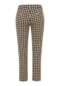 Spodnie w wzór houndstooth, w kolorach brązowym, kremowym i czarnym. Dopasowany krój o gładkiej teksturze i dwoma tylnymi kieszeniami.
