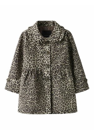 Abrigo de manga larga para niño con estampado de leopardo, cuello con volantes, botones delanteros, cintura fruncida y puños abotonados.