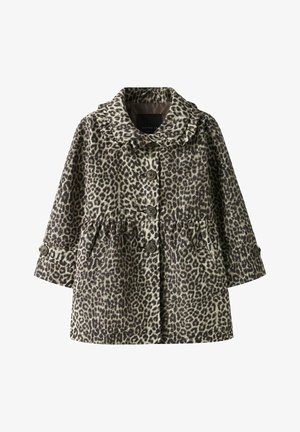 Abrigo de manga larga para niño con estampado de leopardo, cuello con volantes, botones delanteros, cintura fruncida y puños abotonados.