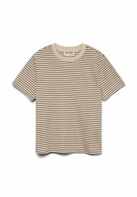 Beige kortärmad t-shirt med mörkbruna horisontella ränder. Har en rund halsringning och mjuk tygkänsla. Etikett synlig på insidan av kragen.