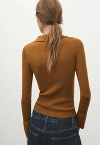 Rjav ribičasti pulover z ovratnikom, dolgimi rokavi in oprijeto zasnovo, kombiniran s temno modrimi jeans hlačami z vidnimi šivi.