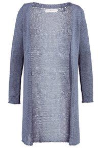 Pletený kardigan v hluboce modré barvě s dlouhými rukávy a uvolněným střihem. Lehká textura s velkým síťovým vzorem.