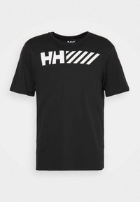 Camiseta negra de manga corta, hecha de una mezcla de algodón, que presenta un gráfico blanco "HH" y rayas diagonales en el pecho. Cuello redondo.