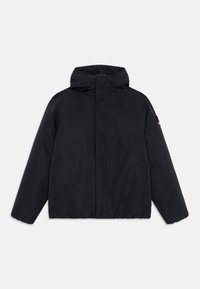 Schwarze Kapuzenjacke aus wasserabweisendem Material. Merkmale sind ein gerader Schnitt, elastische Bündchen und ein verdeckter Frontreißverschluss.