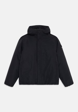 Schwarze Kapuzenjacke aus wasserabweisendem Material. Merkmale sind ein gerader Schnitt, elastische Bündchen und ein verdeckter Frontreißverschluss.