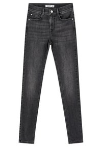 Jeans de mezclilla negros slim-fit con una textura suave, bolsillos frontales, cierre de botón metálico y un ligero desgaste a lo largo de las piernas.
