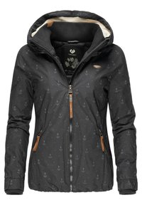 Giacca nera con cappuccio, motivo ancore, chiusura con zip e tasche laterali. Presenta dettagli in pelle beige e interno foderato in pile.