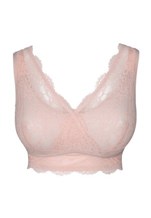 Spitzen-Bralette in sanftem Pink, mit V-Ausschnitt, breiten Trägern und Blumenmuster. Wellenförmige Kanten entlang des Saums für zusätzliche Details.