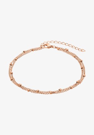 Roestgouden metalen armband met twee verstrengelde kettingen en kleine ronde kralen. Voorzien van een verstelbare sluiting en een verlengkettinkje.