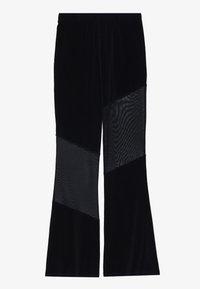 Pantalons évasés noirs avec une combinaison de velours doux et de panneaux en maille transparente. Le design comprend des accents en maille diagonale sur les jambes.